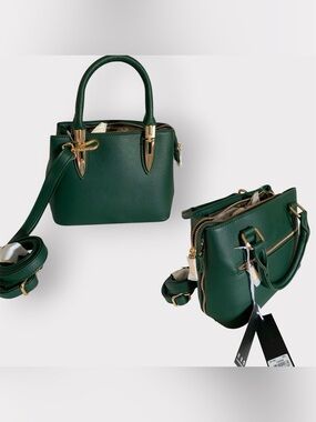 Structured Dark Green Women's Satchel Handbag with Gold Hardware